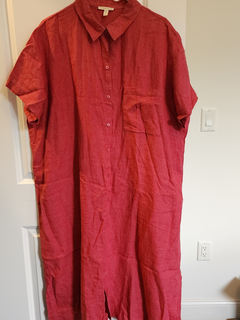 Eileen Fisher Red Short-Sleeve Button-Front Linen Shirt Dress